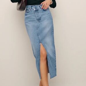 Reformation Jeans Nila Long Denim Skirt Galway 25 Crossover Waist Raw Hemline
